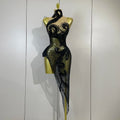 Women Black Sexy Mesh Asymmetric Bodycon Mini Dress Sparkly Diamonds Nightclub Bar Party Show Gogo Dancer Clothing Stage Costume