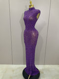 Luxury Sparkly Crystal Diamond Mesh See Through Maxi Long Dress Women Elegant Party Costume Singer Sexy Stage Performance Outfit