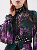 Elegant Floral Printing Long Dressess For Women Stand Collar Lantern High Waist Spliceed Rivet Hollow Out Dress Female New
