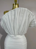 Women White Off The Shoulder Mesh Eveing Party Birthday Prom Nightclub Costumes Elegant Puff Sleeve Ruched Bodycon Mini Dress