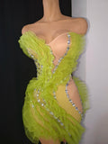 Sparkly Green Diamonds Sexy Mesh Asymmetric Bodycon Mini Dress Celebrate Eveing Birthday Party Nightclub Red Carpet Stage Wear