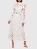 VGH Minimalist Solid Dresses For Women Stand Collar Long Sleeve High Waist Spliced Hollow Out Slim Chic Dress Female Summer 2025