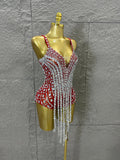 Sexy Sheer Mesh Bodysuit Women Spaghetti Strap V-Neck Full Crystal Embellished Fringe Bodycon Outfit Stage Performance Costume