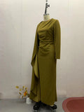 Fashion Temperament Maxi Dress for Women O Neck Spliced Shawl Long Sleeve High Waist Spliced Zip Evening Dress Female Autumn