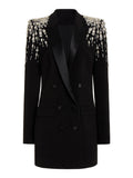 Black Slim Women Long Suit Blazer For Wedding Luxury Crystal Diamond Vestidos Formal Office Lady Custom Made Prom Party Gown