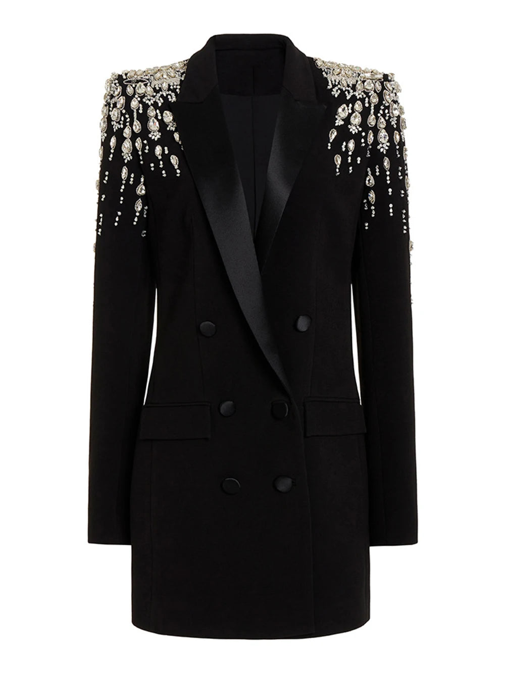 Black Slim Women Long Suit Blazer For Wedding Luxury Crystal Diamond Vestidos Formal Office Lady Custom Made Prom Party Gown