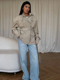 Women Oatmeal Soft Suede Stand Collar Snap Button Pocket Jackets Long Sleeve Coats Autumn Daily Office Party Chic Outerwear 2026