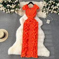 Women Ruffles Splicing V-neck Sleeveless Bodycon Midi Pleated Maxi Long Dress  Birthday Sexy Club Party Even Dresses