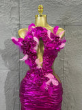 Fuchsia High-end Feather Floral Long Dress Women Hollow Cutout Long Gown Evening Prom Carnival Stage Performance Costume
