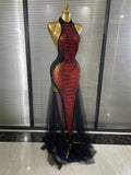 New Arrival Women Sexy Backless Halter Shining Rhinestones Snakeskin Bodycon Mesh Long Dress Nightclub Party Celebrate Clothing