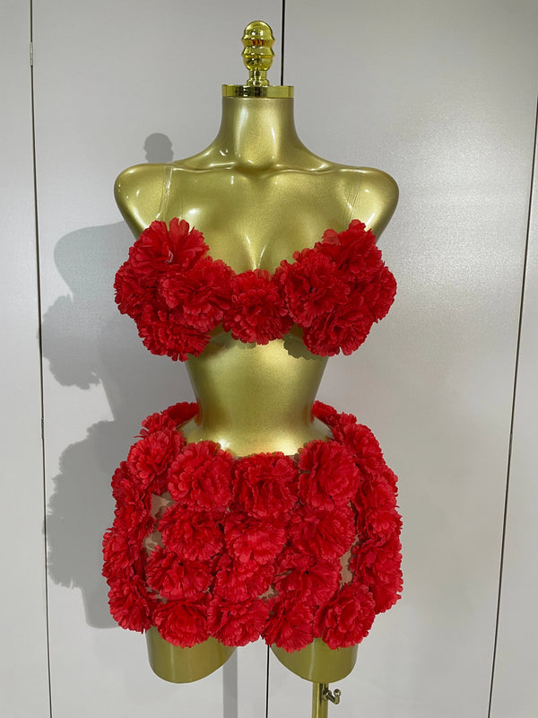 Women Sexy Red 3D Flowers Top Mini Dress Two Piece Set Eveing Party Girls Birthday Nightclub Stage Dress Holiday Photo Shoot Set