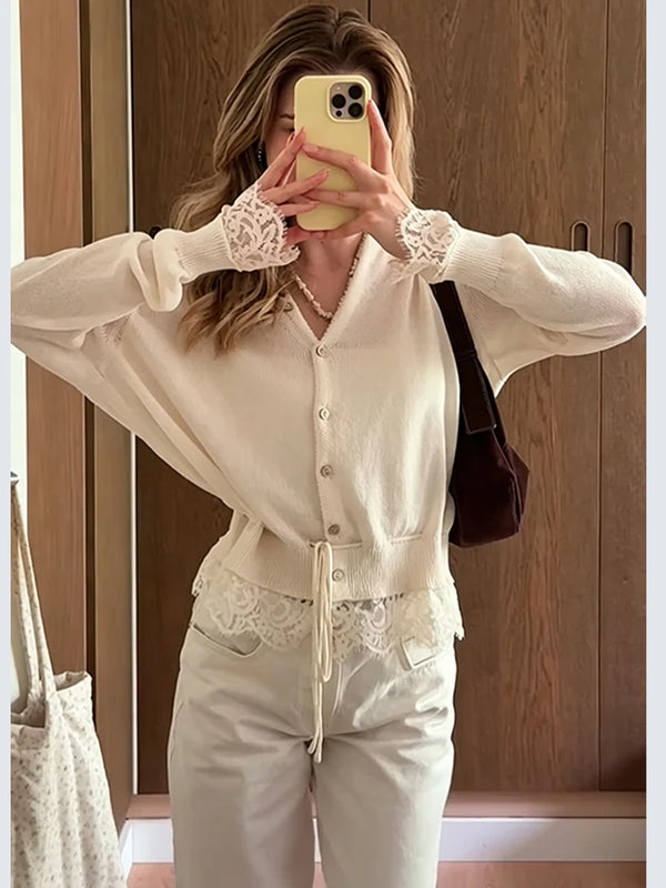 Lace Trim Tie Waist Knit Cardigan Long Sleeve Cropped 2026 Autumn Women Sweet Casual Knit Top Fashion Trendy Ladies Sweater