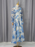 French Vacation Style Floral Print Dress for Women Tie Neck Waist Belt Asymmetrical Ruffle Hem Skirt for Outdoor Photoshoot