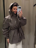 Women Leopard Print 2‑Piece Puffer Outfit Hooded Zip‑Up Padded Jacket + Wide Leg Pants Set Khaki Warm Winter Matching Tracksuit
