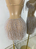 Women Glitter Crop Top Short Mesh Pearls Sets Nightclub Performance Outfit Two Pieces Party Birthday Clothing