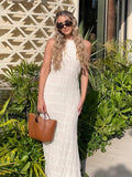 Fashion Backless Ruched Long Dress For Women Halter Lace Up Sexy Ruffle Dress Loose Female 2025 Summer New Vacation Dress