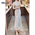Olive Girl Blue Embroidered Qipao for Ren Faire 2026 Garden Wedding Fairycore Photoshoot Everyday Wear S-XXL XS-3XL Plus Size Embroidered Dramatic Silhouette Romantic Garden Party Editorial Not Costume Chinese Heritage Fashion Women