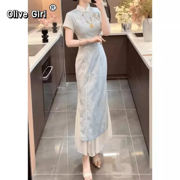 Olive Girl Blue Embroidered Qipao for Ren Faire 2026 Garden Wedding Fairycore Photoshoot Everyday Wear S-XXL XS-3XL Plus Size Embroidered Dramatic Silhouette Romantic Garden Party Editorial Not Costume Chinese Heritage Fashion Women