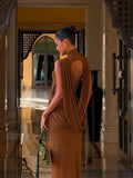 Sexy Draped Cross Elegant Dress Women Summer Turtleneck Sleeveless Backless Street Sexy Fashion Long Bodycon Dress
