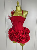 Fashion Cocktail Elegant Luxury Birthday Party Red Black Bandage Outfit Women Sexy Halter Prom Gown Celebrity Club Two Piece Set