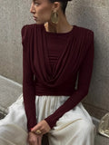 Folds Temperament Style T Shirt for Women Swing Neck Long Sleeve Tunic Slimming Fashion Autumn Tees Female Clothing