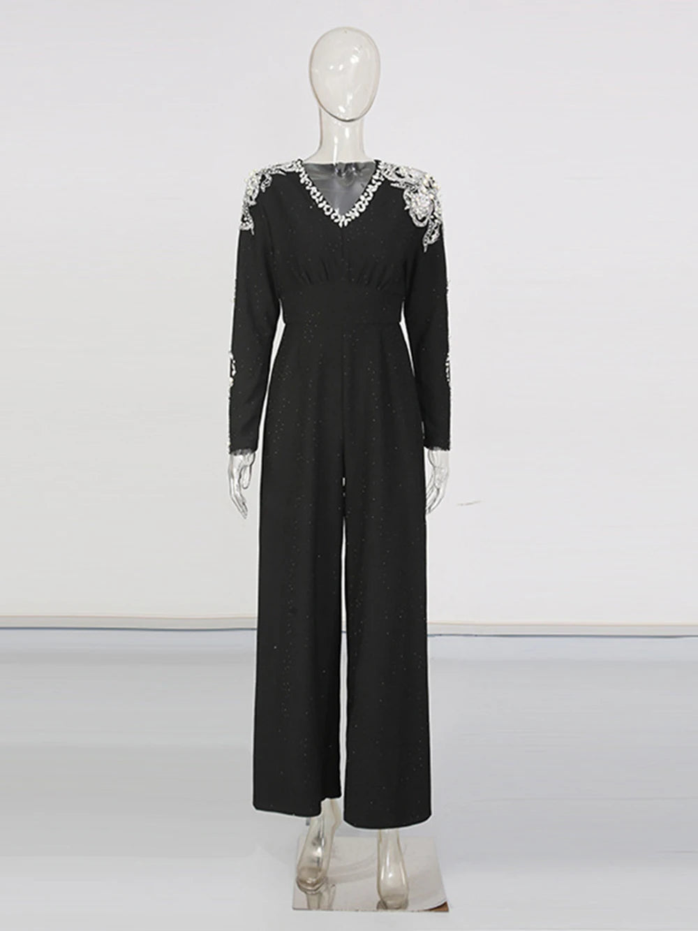 Elegant Slim Fit Long Sleeved Jumpsuit 2026 New Heavy Industry Bead Diamond High Waist Solid Color Long Jumpsuit
