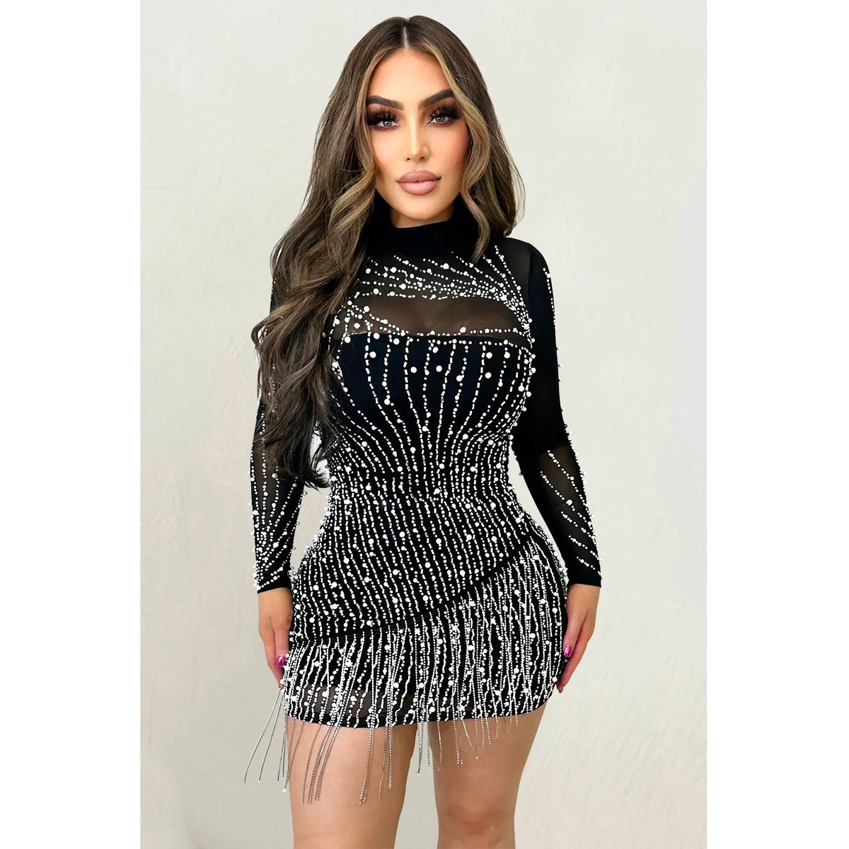 Women Mesh See Though Diamonds Hot Rhinestones Pearl Beading Tassel Bodycon Mini Dress Vestidos Sexy Party Evening Dresses