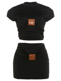 Weird Puss Faux Leather Patchwork 2 Piece Set Woman o-Neck Short Sleeve Crop Tops+Skinny Mini Skirts Sexy Fashion Style Suits