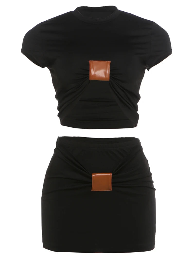 Weird Puss Faux Leather Patchwork 2 Piece Set Woman o-Neck Short Sleeve Crop Tops+Skinny Mini Skirts Sexy Fashion Style Suits