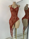Sparkly Gold Design Evening Party Dress Luxury Rhinestones See Through Sexy Women's Clothing Mesh Stretch Birthday Dresses