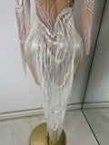 Women Sparkly Crystal Pearl Tassels Sexy Sheer See Through Bodycon Mini Silver Outfit Birthday Dress Dancer Performance Costume
