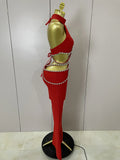 Luxury Rhinestone Red Sexy Cut Out Two Piece Pants Bandage Set 2026 Women Celebrity Designer Fashion Women's Set Stage Outfit