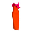New Fashion Orange Color Women Sleeveless Sexy V-Neck Ruffles Bodycon Mid-calf Bandage Dress Birthday Celebrate Party Dress