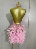 Women Sexy Celebrate Birthday Dress Luxury Rhinestones Pearls Feathers Halter Backless Short Dress Nightclub Bar Stage Costume