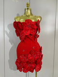 Women Elegant 3D Beaded Flower Strapless Mini Bodycon Bandage Dress Luxury Formal Party Prom Gown Birthday Wedding Guest Dresse