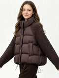Women Cropped Puffer Jacket Stand Collar Cable Knit Sleeves Patchwork Zip Up Lightweight 2026 Lady Quilted Winter Warm Outerwear