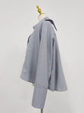 Minimalist Casual Style Gray Oversized Shirt for Women Stand Collar Long Sleeve Buttons Accent for Office Commute