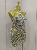 Sexy Sparkly Sequin Diamond Mesh Transparent Two Piece Set Women Celebrate Evening Party Birthday Dress Stage Photo Shoot Wear