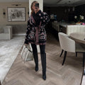 Women's Shawl Collar Fringe Knitted Cardigan Self Fabric Belt Waist Ethnic Print Loose Long Sleeve Mid Length Coat Autumn Casual