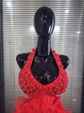 Red Color Women Sexy Halter Backless Shining Crystal Bodycon Mini Bandage Dress Celebrate Evening Party Christmas Clothing