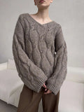 Women's Cable Knit Sweater V Neck Long Sleeve Oversized Loose Chunky Twist Pullover Tops Casual Autumn Retro Commute Top
