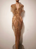 Women Sexy Mesh Sparkly Rhinestone Tassels Stretch Long Dress Evening Nightclub Singer Dance Stage Costume Luxury Birthday Gowns