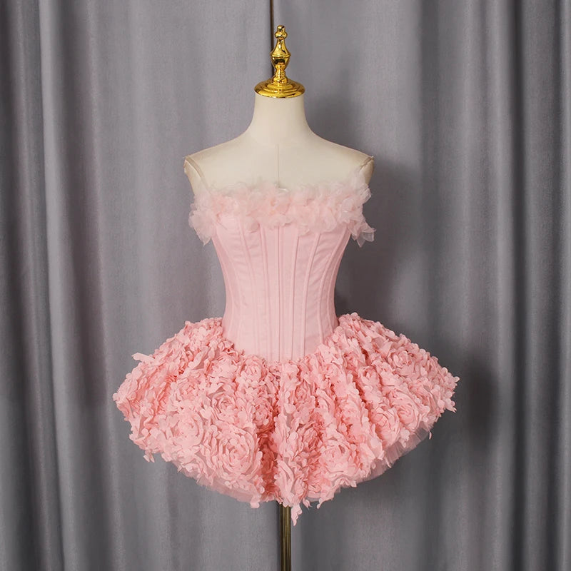 Sexy 3D Floral Mini Dress for Women Sweetheart Neck Sleeveless Fish Bone Tunic Birthday Party Flirty Skirt Female Clothing