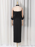 Award Ceremonies Black Halter Maxi Gown for Women Deep V Neck Sheer Cape Sleeves Backless Chiffon Skirts for Formal Galas