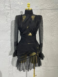 Madam Elegant See-Through Tulle Mesh High Halter Cross Twisted Waist Cut Out RuchedMini Dress Flared Cuff Ruffle Night OutOutfit