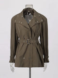 Casual Daily Wear Coffee Trench Coat for Women Stand Collar Buttons Design Belt Accent Oversized for Street Style