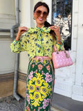 Bow Tie Neck Women Floral Print Set Long Puff Sleeve Cuff Trim Loose Blouse Vibrant Ethnic Midi Skirt Straight Hem Street Daily