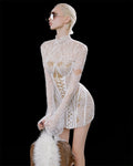 Custom White Lace Sheer High Neck Flare Long Sleeve Corset Mini Dress Fashion Bodycon Formal Evening Party Gown