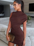 Irregular Brown Lace Uppleated Maxi Dresses Elegant Women's Full Sleeve Slim Fit Patchwork Robes 2025 New Evening Party Gowns
