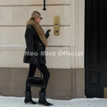 Luxury Fashion Design Black Long Faux Leather Coat Women Detachable Fur Collar Oversized PU Leather Jacket Blazer